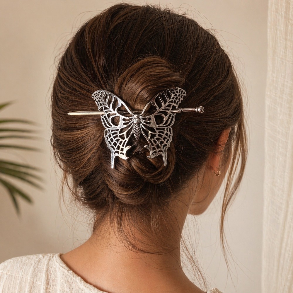 Silver Butterfly Hair Stick Bun‎ Pin Fairycore Cottagecore Updo Hair Accessory
